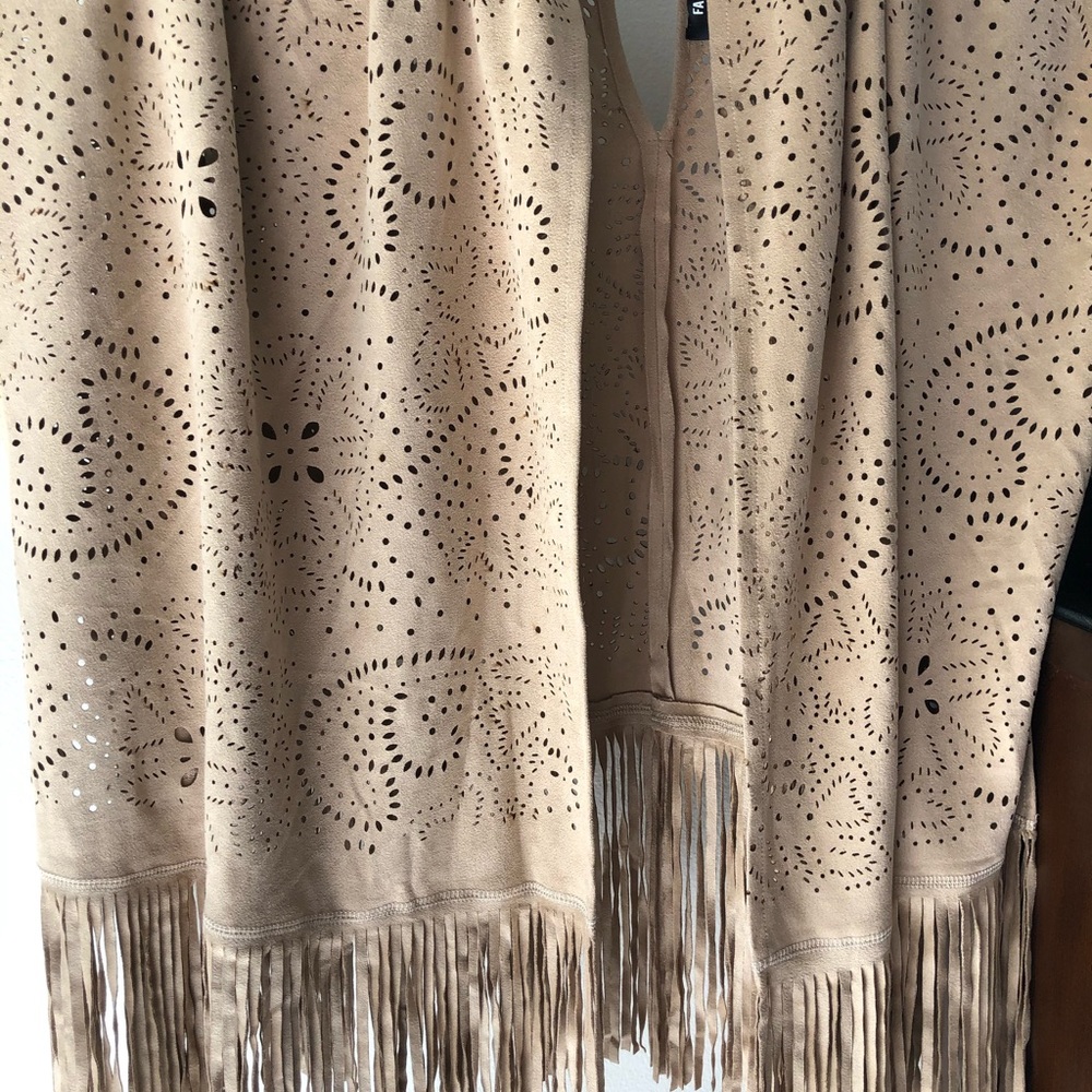 Laser cut faux suede leather fringe shawl tan